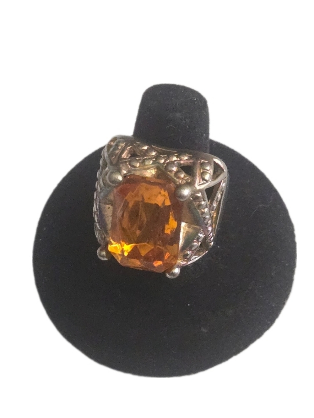 Amber Crystal Statement Cocktail Ring Size 7.5 Silver Tone Boho Vintage Style``